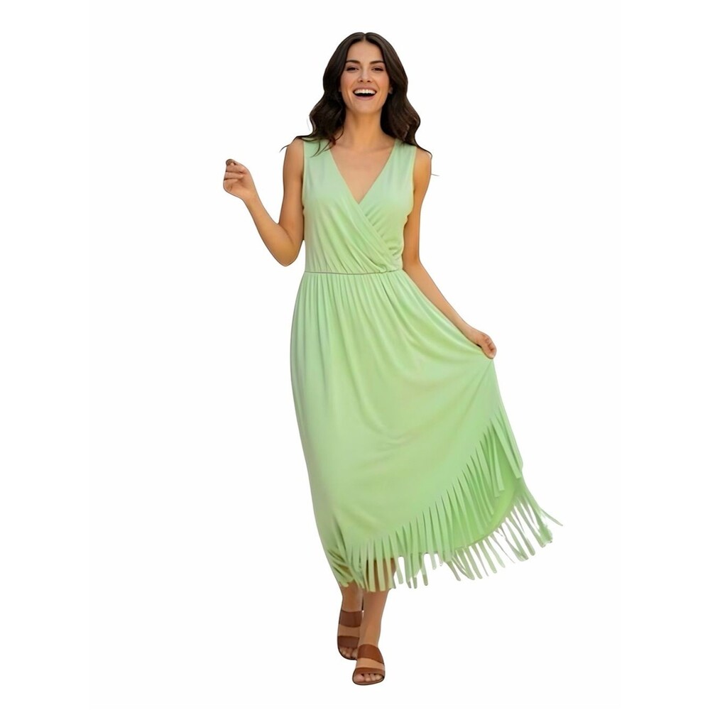 Love Scarlett Sage Green V-Neck Wrap Midi Dress Fringed Hem NWT Size Large